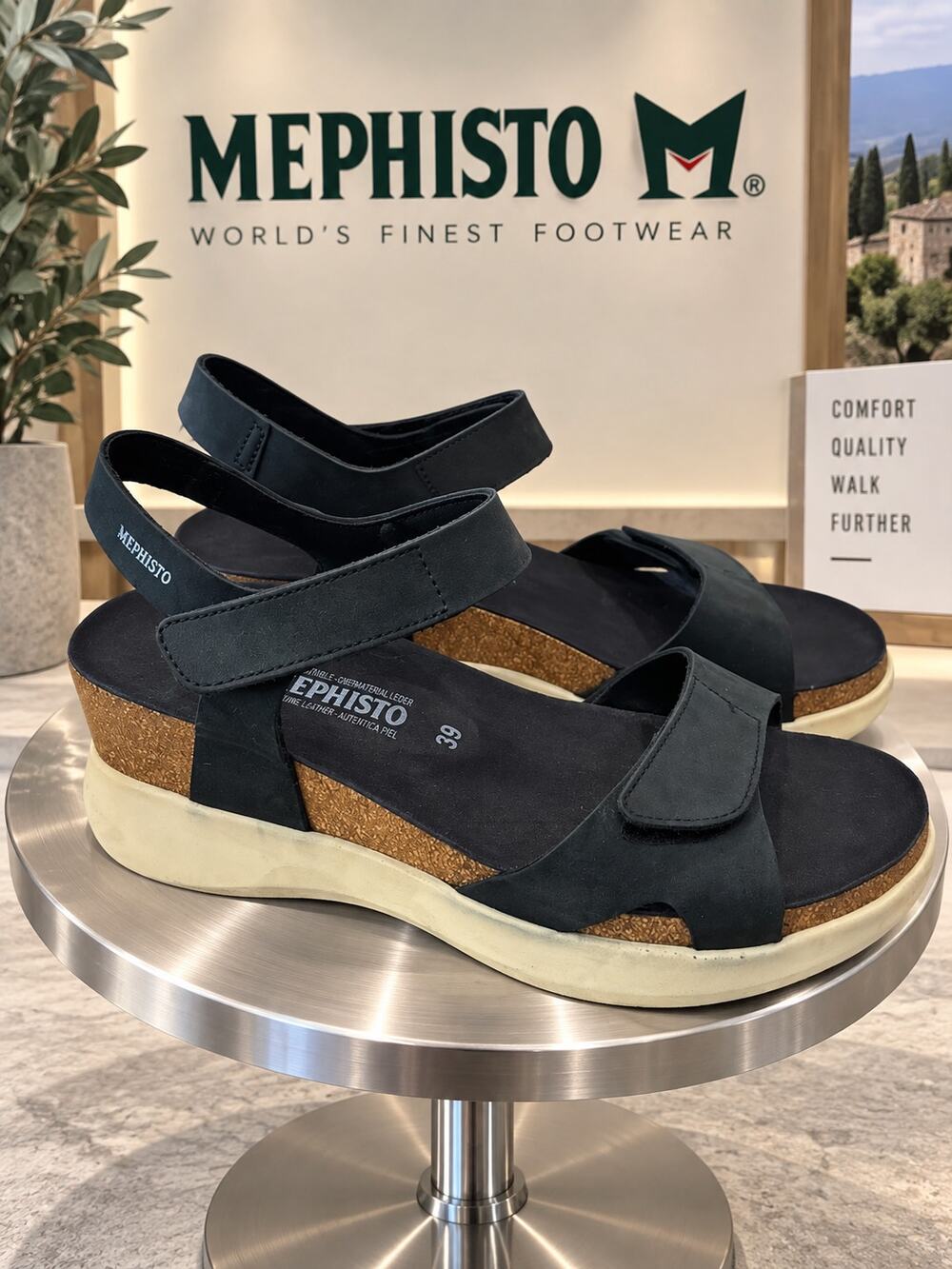 Mephisto Navy Leather Cork Wedge Comfort Sandals EU 39 US 9